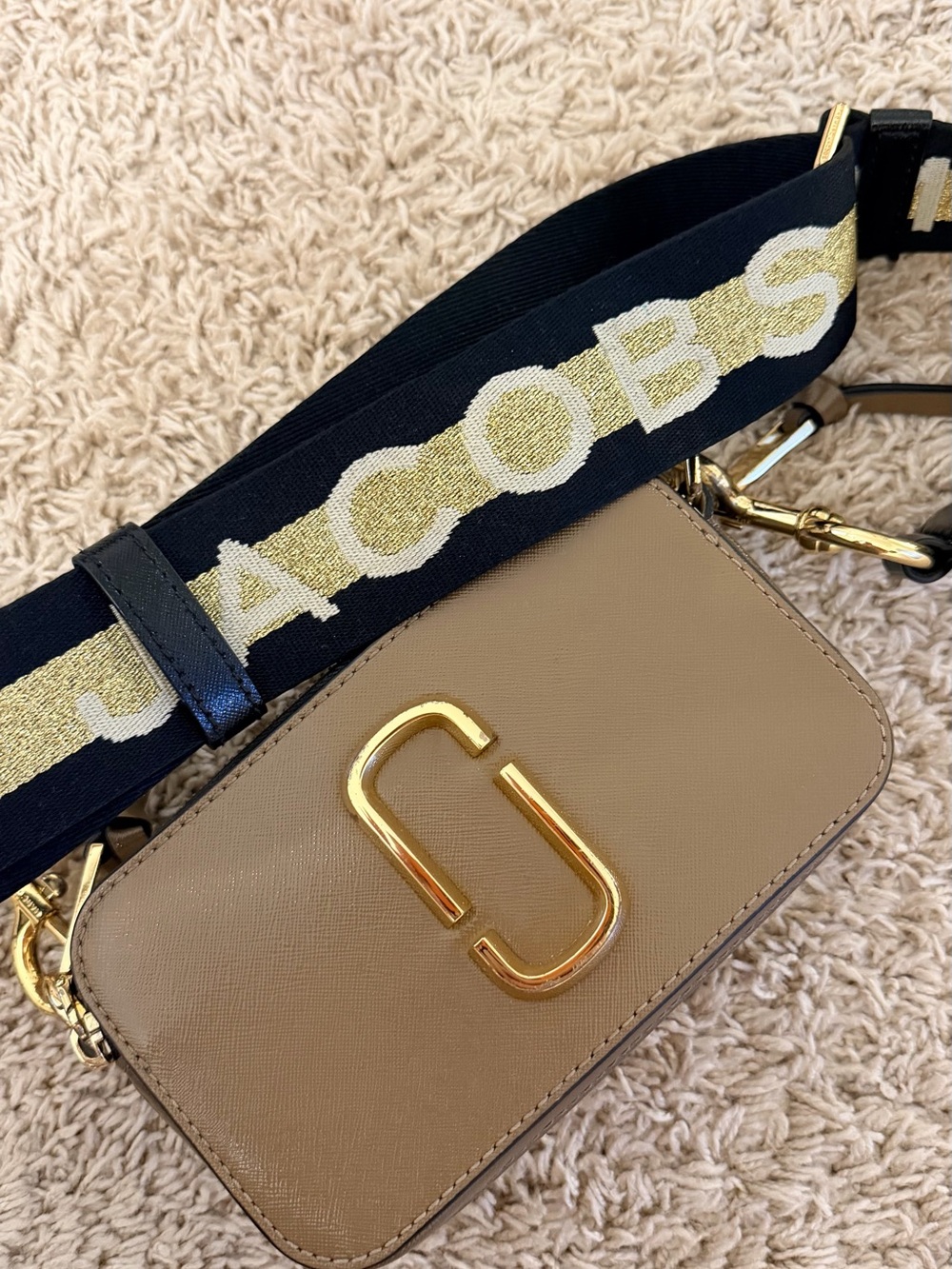 Marc Jacobs Taupe Saffiano Crossbody with Gold Double-J and Logo Strap